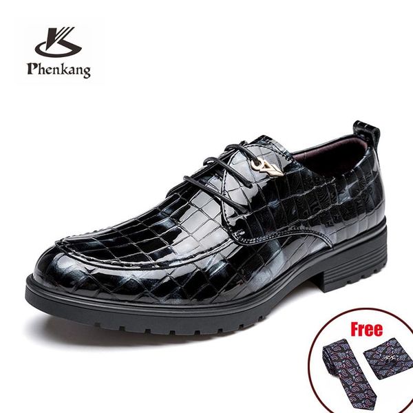 

dress shoes phenkang men genuine leather crocodile pattern formal classic pointed glossy mens wedding lace up oxford, Black