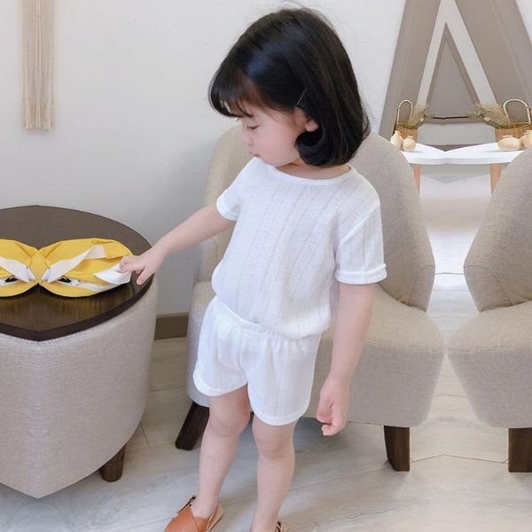

clothing sets girl clothes summer two-piece solid color knitted sweatshirt t-shirt + beach pants 2-7age beibei casual pajamas quality, White