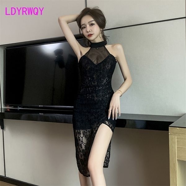 

nightclub women's lace low chest x-ray hip wrap dress with irregular split office lady sheath sleeveless 210416, Black;gray
