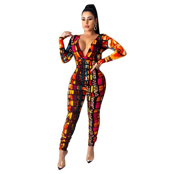 

autumn long sleeve bodysuit women deep v neck multicolor geometric leopard print pleated jumpsuit women party club rompers 210414, Black;white