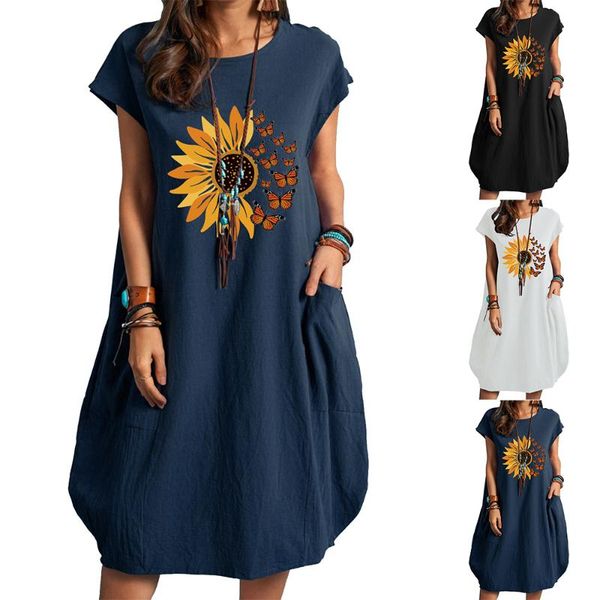 

casual dresses cotton and linen pocket dress printed with sunflower butterfly tank summer fashion style commute vintage, Black;gray