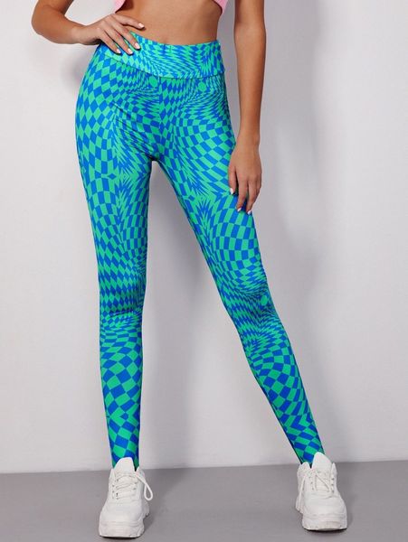 

checker print wide waistband leggings y02b#, Black