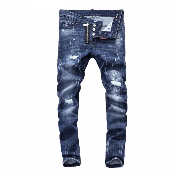 

men's skinny painted jeans distressed ripped slim fit denim pants for male, Blue