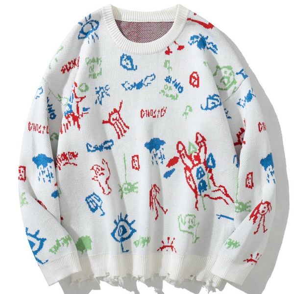 

men's sweaters lacible harajuku streetwear men sweater pullovers autumn winter hip hop funny graffiti tassel knitted loose knitwear, White;black