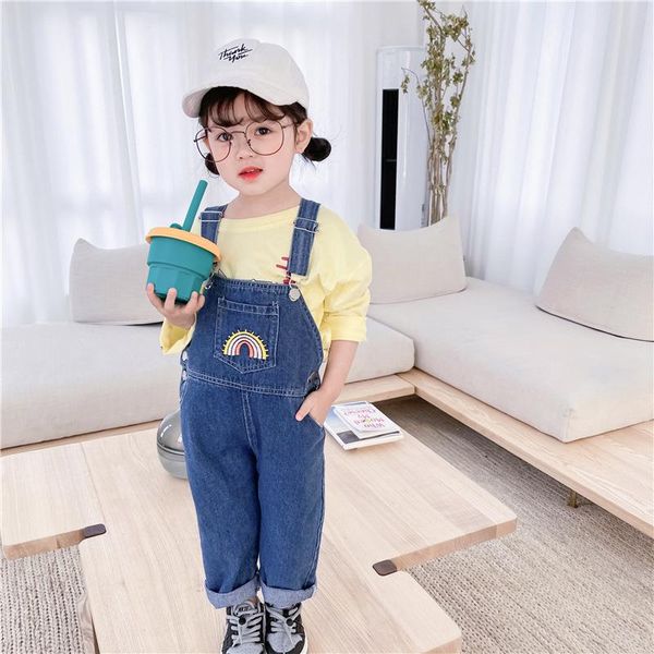 

jumpsuits spring autumn child boys girls rainbow embroidered overalls infant girl sleeveless cute denim trousers kids baby cotton pants, Blue