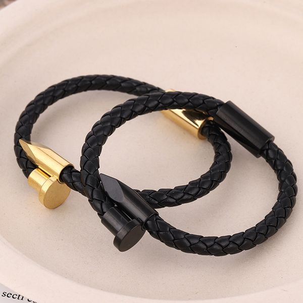 

bracelet zhinimei stainless steel nail woven cowhide men's, Golden;silver