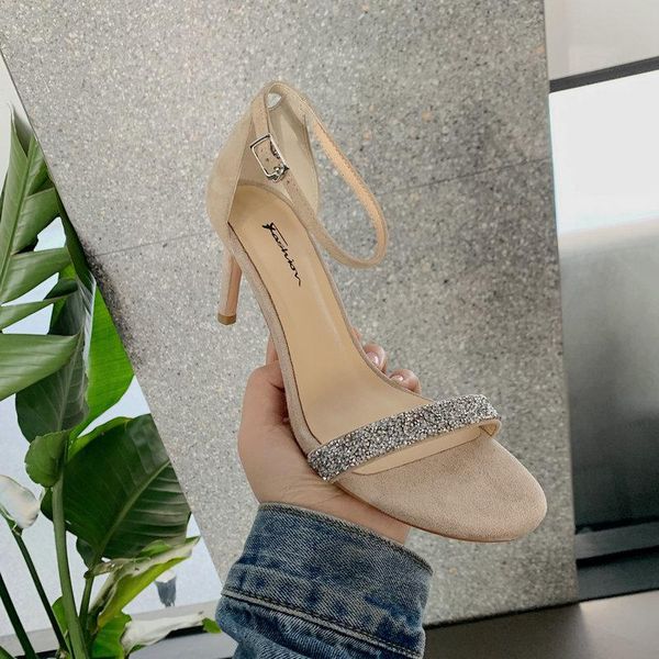 

beige black suede leather women sandals thin high heels summer shoes woman ankle strap party