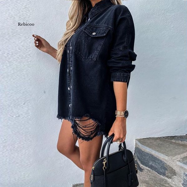 

autumn spring batwing sleeve boyfriend denim shirts ripped hole loose cardigans button jeans blouses women outerwear women's jackets, Black;brown