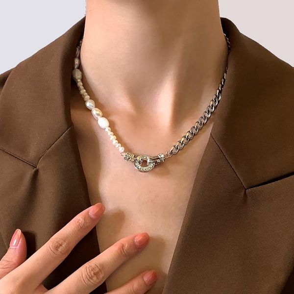 

chokers shixin stainless steel asymmetry chain with pearl beads necklace shiny short choker for women fashion jewelry 2021 gift, Golden;silver