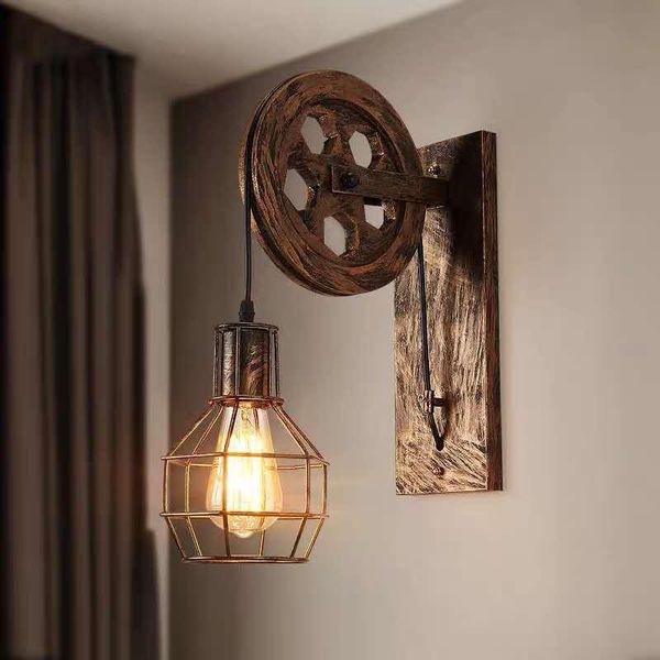 

tiooka vintage pulley wall light fixture with metal cage industrical sconces for restaurant corridor aisle decor e27 lamp