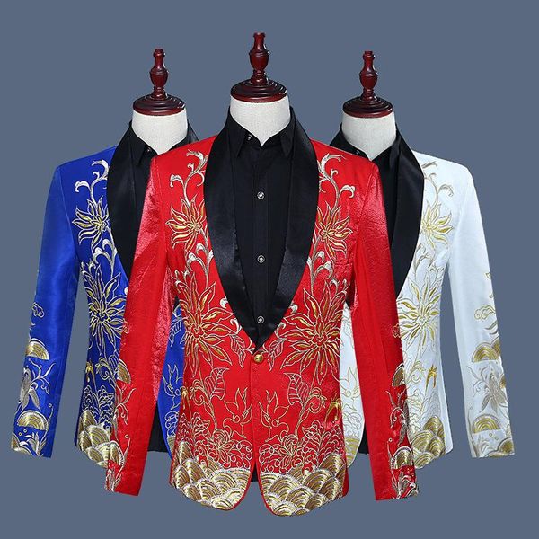 

men's suits & blazers 2021 flip-up chinese style 3 colors embroidery flower pattern wedding groom outfit jacket slim stage performance, White;black