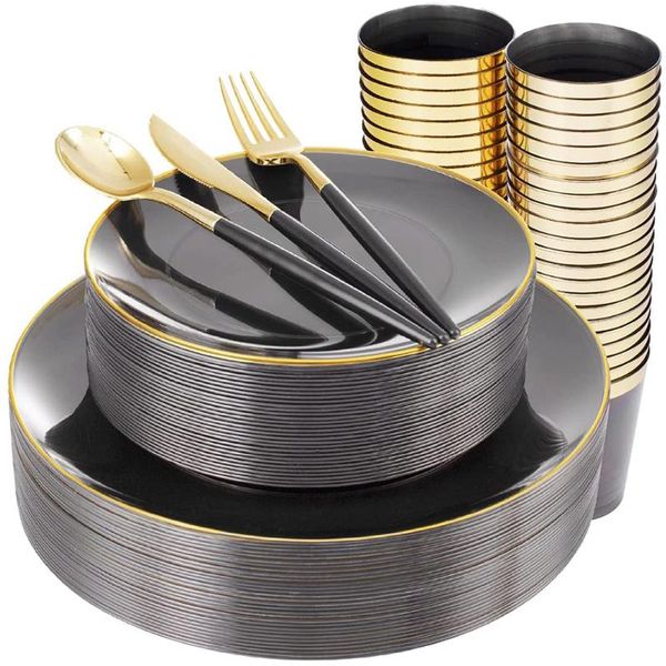 

disposable dinnerware 60pcs tableware transparent black plastic plate with golden edge silverware cup set