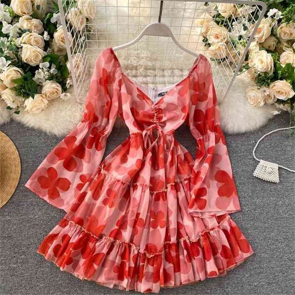 Frauen Koreanischen Stil Herbst Mini Kleid V-ausschnitt Langarm Kirschrot Gedruckt Rüschen Kordelzug Schlanke Hohe Taille GK412 210507