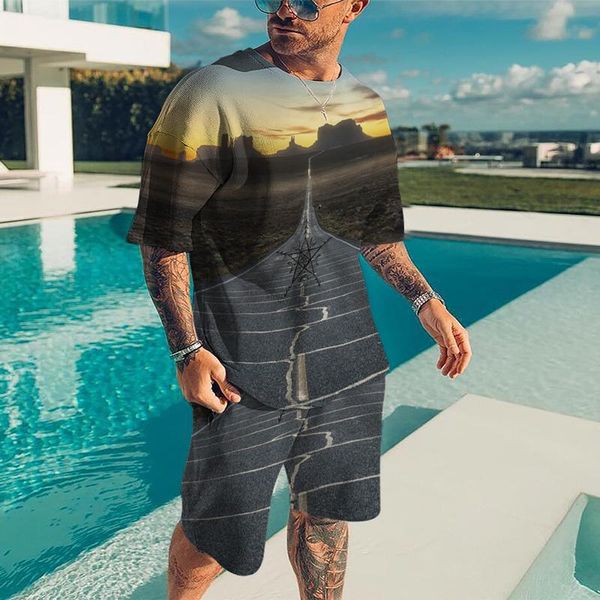 

jogging clothing [super size] men's t-shirt set highway landscape art painting print modern trend urban street casual, Black;red