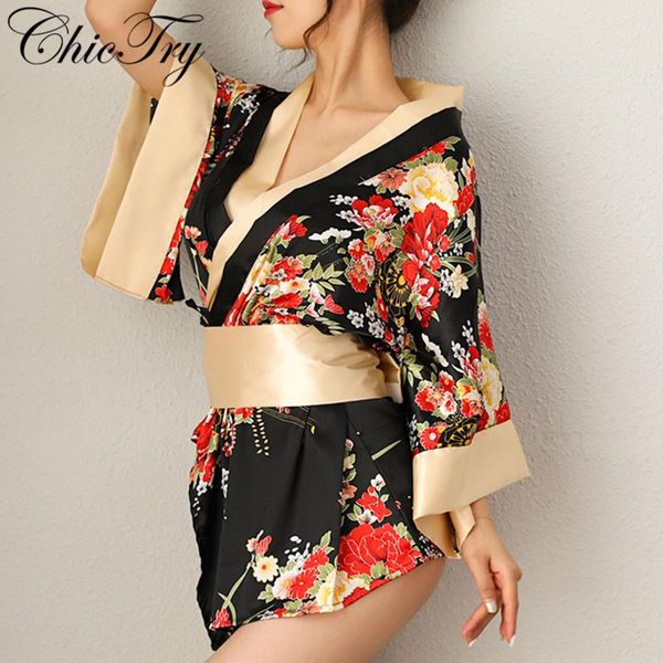

women's sleepwear women female long sleeve floral print bowknot sewed nightwear cardigan kimono robe bathrobe with g-string briefs set, Black;red