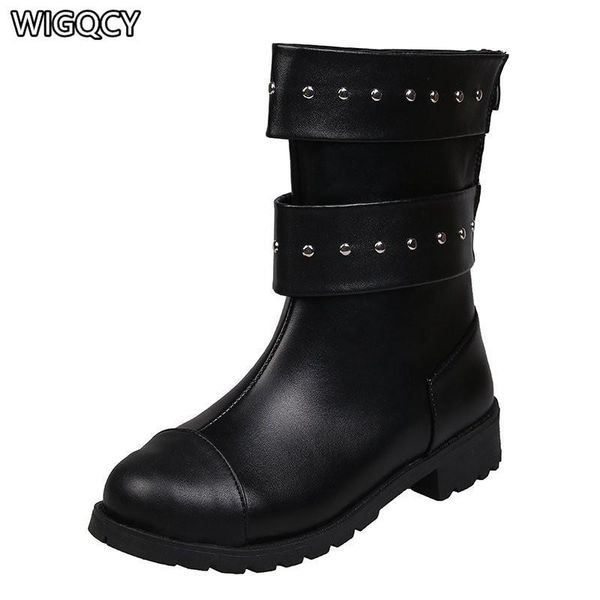 

boots 2021 winter large size 43 short women' thick-soled belt buckle mid-tube women's lace-up rivet round toe, Black