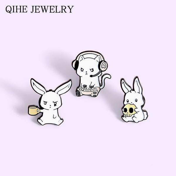 

pins, brooches rabbits pins skull drink cup e-sports game white animal mini metal badge pin button gifts for women men, Gray
