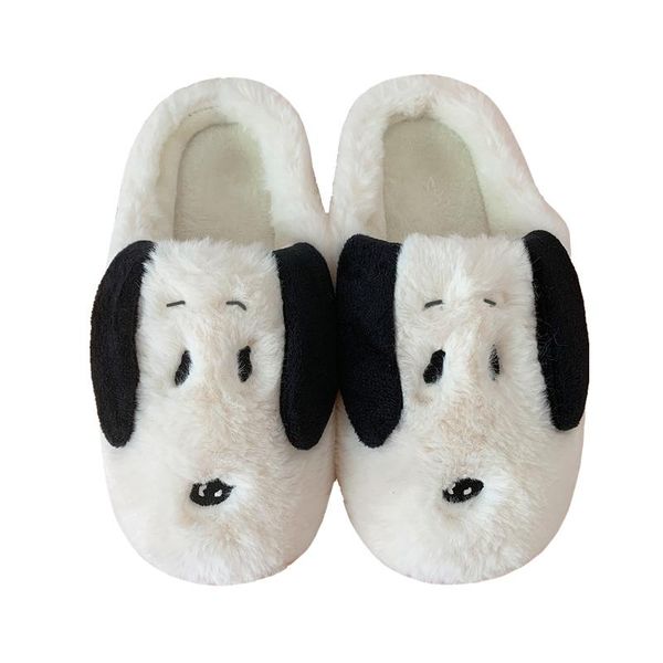 

slippers 2021 cute cartoon dog women faux fur home indoor house fluffy plush slides non-slip ladies outdoor warm cotton shoes, Black