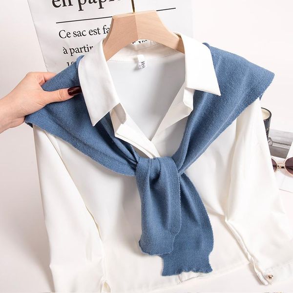 

scarves fashion knit warm shoulders shawl spring women poncho blouse fake collar cape knotted scarf solid color black neck guard scarve, Blue;gray