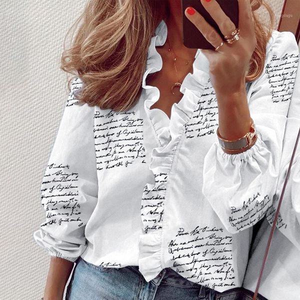 

women's blouses & shirts 2021 summer long sleeve ruffle blouse elegant sleeveless letter print lady slim short women v-neck, White
