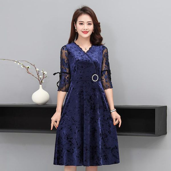 

summer women gold velvet vintage midi dress female stitching lace v neck dresses vestidos mujer plus size 5xl mh60 casual, Black;gray