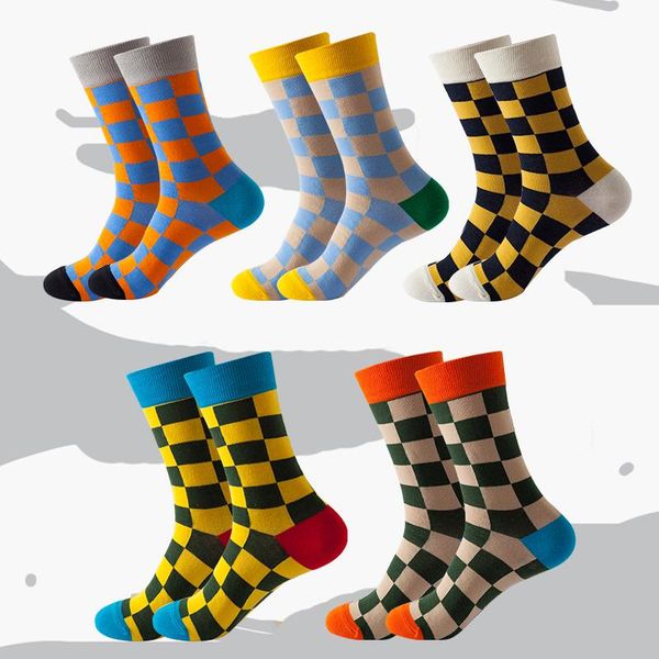 

men's socks spring and autumn pure cotton checkered trendy, Black
