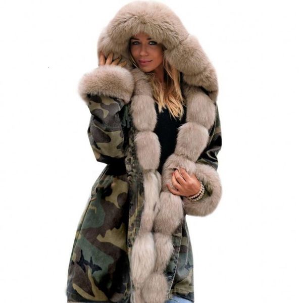 

new winter keep warm coat women camouflage outerwear slim parkas long woolen collar hooded with cotton-padded, Black