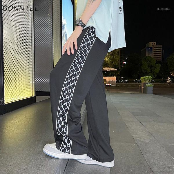 

men's pants vibe casual men summer spliced mopping straight high street wide leg trousers hip hop european style streetwear fashion, Black