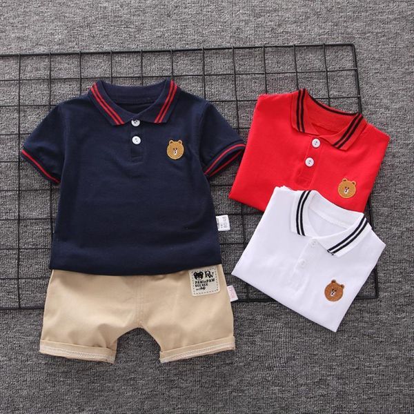 

summer baby boys clothes sets children short sleeve cotton cartoon bear polo shirt casual shorts 2pcs 0 4 years old, White