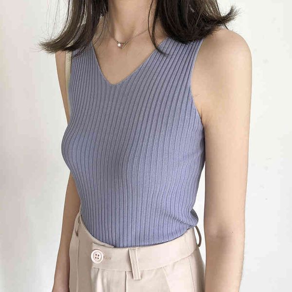 

summer women knitted tank sleeveless slim clothing 210514, White