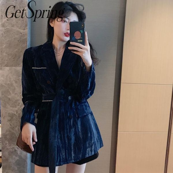 

women's suits & blazers getspring women blazer diamond bandage velour jackets vintage all match long womans coats 2021 fashion, White;black