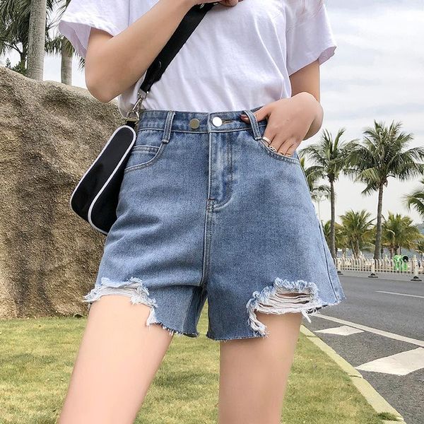 

women's jeans high waist pierced denim shorts summer loose thin wide leg pants large, Blue