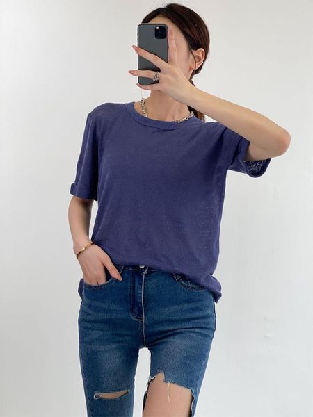 

women's t-shirt women 2021 summer style simple solid color basic round neck linen knitted short sleeve loose thin, White