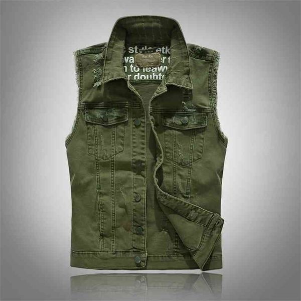 Coletes Slim Fit Cowboy Jaqueiro Masculino Vest Rasgado Denim Homens Sem Mangas Casuais Colete Casual Mens Jean Coat Green 210925