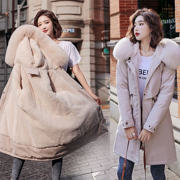 

2021 plus size m-6xl winter women fleece parkas thick mid-long hooded parkas jackets fur inside female slim padding parkas, Black