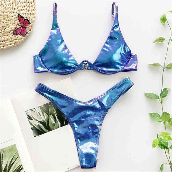 Frauen Sommer Sexy Brasilianische Bikini Set Holographische Shiny Metallic Badeanzug Push Up Gepolsterte Bügel Strand Badeanzug 210712