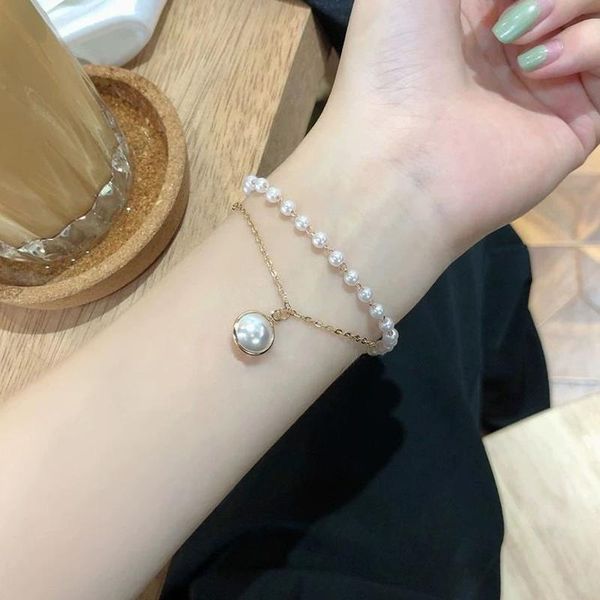 

link, chain punk 2021 gold color charm bracelets for women pearl luxuxy alloy bangle fashion bohemian jewelry gift, Black