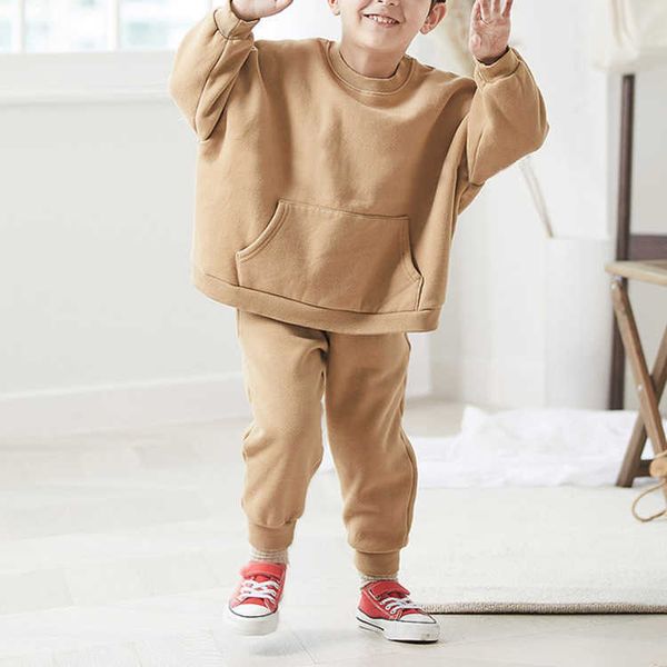 

2021 children autumn and winter korean fashion pocket cotton sweater casual suit boy and gril set outfits g1023, White