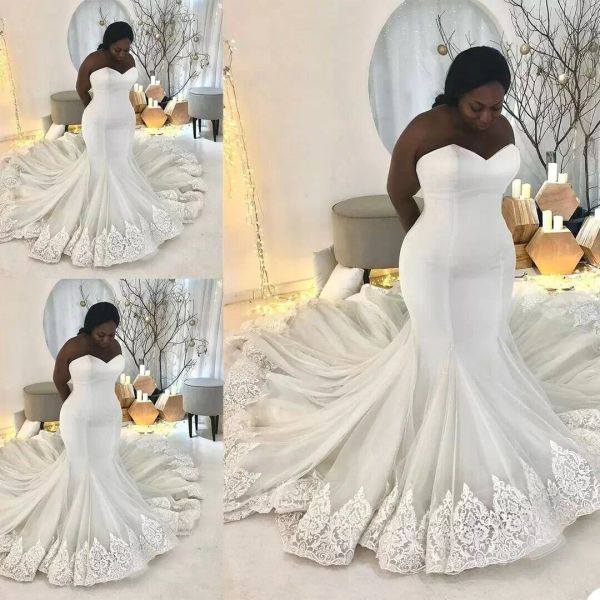 

2022 plus size mermaid wedding dresses bridal gown chapel train lace applique sweetheart neckline custom made sleeveless country castle vest, White