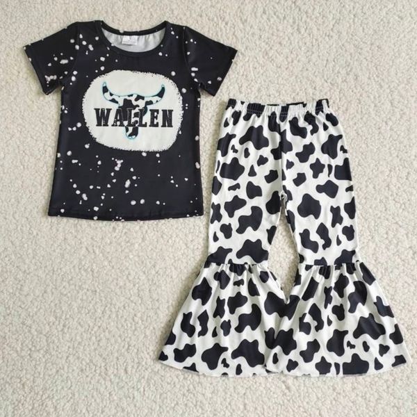 

wholesale baby girl clothes set boutique kids outfits cow printed fashion kid designer clothing girls short sleeve bell bottom pants sets cu, White