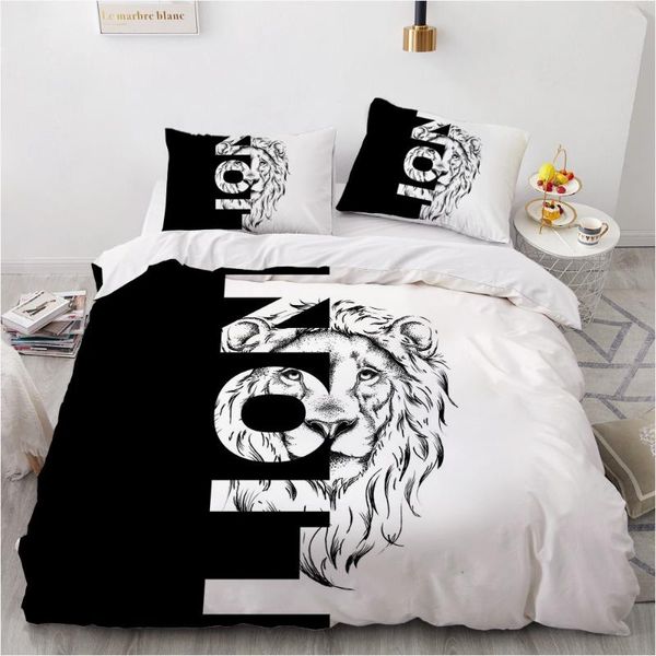 Set di biancheria da letto Set 3D Copripiumino a tema leone bianco nero Tessuto in microfibra Facile da pulire per ragazzi Adulti Letto king size