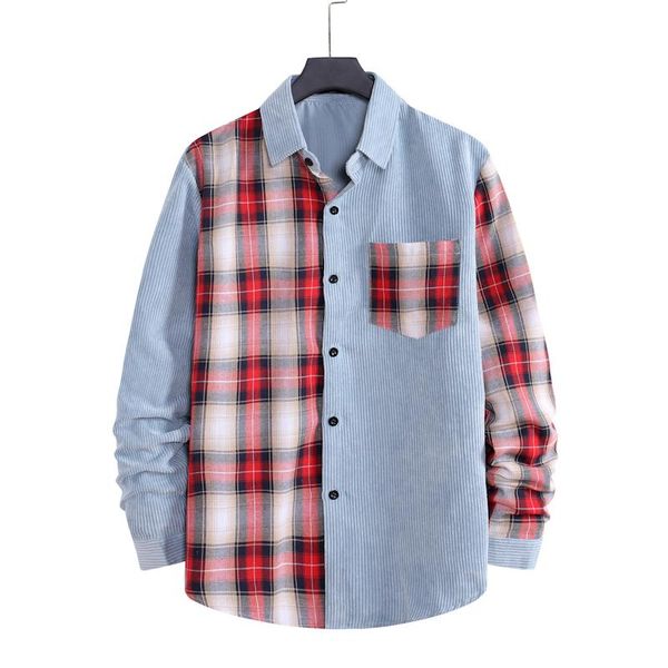 

men's corduroy shirt 9 colors causal patchwork plaid printed long sleeve shirts cardigan men oversized casual, White;black