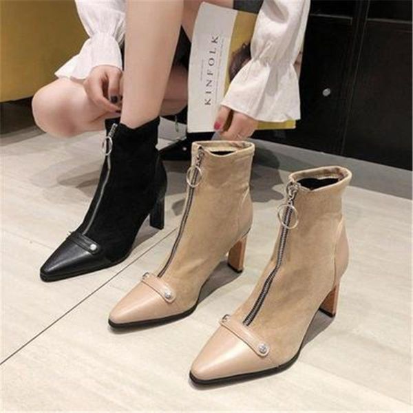 

boots autumn winter female fashion ankle for women pointed toe front zipper shoes woman 8cm high heels black eu 35-39