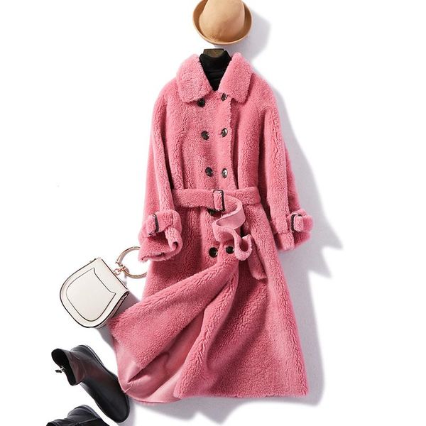 

women's fur & faux sheep shearing coat middle and long composite one wool thin thick winter, Black