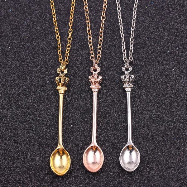 

pendant necklaces tiny tea spoon shape necklace for women charm jewelry with crown head gold silver color fashion collar accessories lady