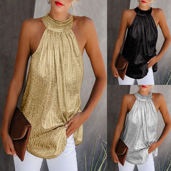 

women's t-shirt casual halter neck sleeveless tank vest shirt summer loose backless shinny s for fn6t, White