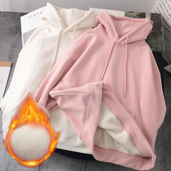 

women winter sweatshirts coat causal warm thick fleece pocket solid pink white female hooded outerwear harajuku bf oversize women's hoo, Black