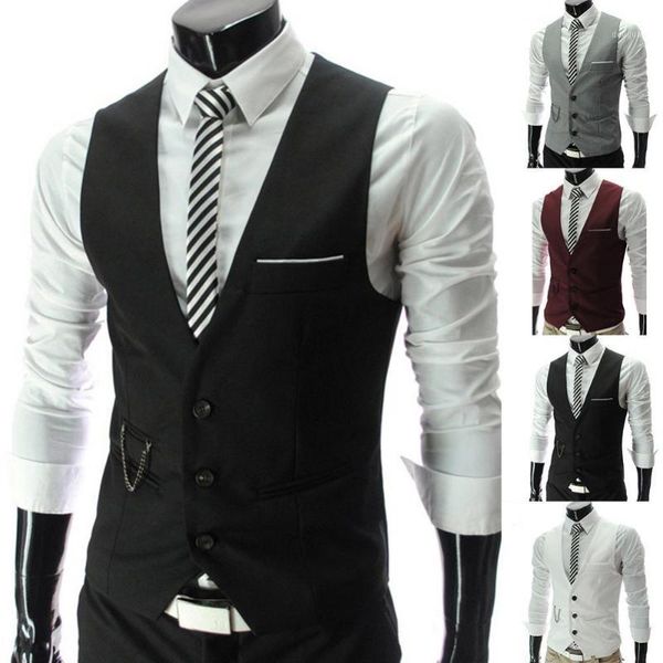 

men's vests fashion men solid color v neck sleeveless button pocket blazer suit waistcoat, Black;white