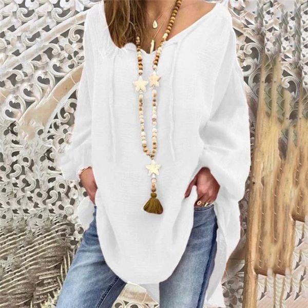 

women's blouses & shirts 2021 women v neck loose cotton blouse shirt autumn winter long sleeve yellow red plus size 5xl, White