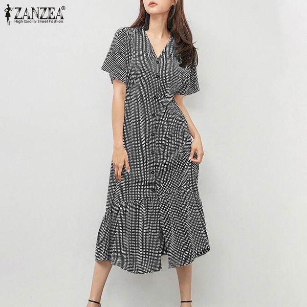 

casual dresses retro plaid check robe zanzea elegant midi dress 2021 summer short sleeve vestidos v neck ruffle women sarafans, Black;gray